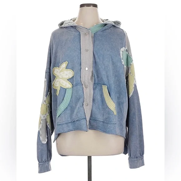 Oli & Hali Floral Patchwork Hoodie Mineral Wash Jacket size XL Blue - Picture 4 of 15